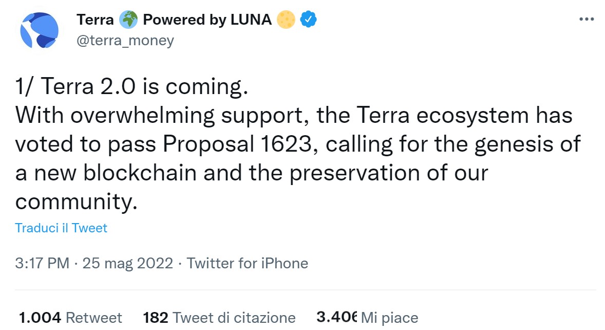 Il Tweet ufficiale dell'approvazione del piano rilancio per la blockchain Terra