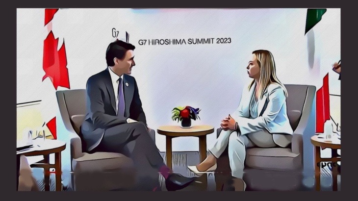 Giorgia Meloni in un bilaterale con il premier canadese Justin Trudeau al G7 in Giappone
