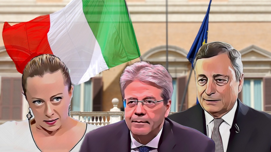 Paolo Gentiloni con Mario Draghi e Giorgia Meloni