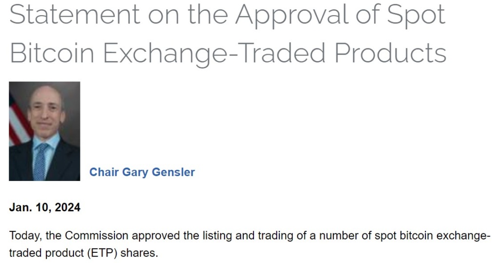 L'annuncio ufficiale sul sito della SEC: Statement on the Approval of Spot Bitcoin ETF