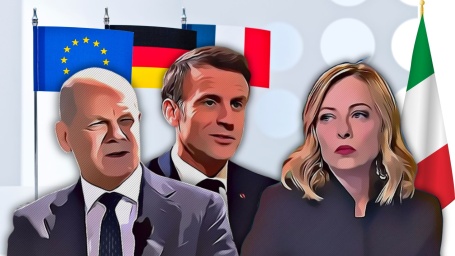 Scholz, Macron, Meloni, bandiere Ue, Francia, Germania e Italia